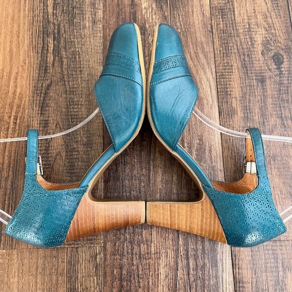 Miz Mooz Jay Mary Jane Pump Heel Embossed Leather Retro Size 9.5 EU 40.5 in Teal - Picture 6 of 16